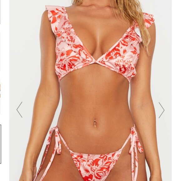 PrettyLittleThing PINK FLORAL RUFFLE BIKINI SIZE MEDIUM - Picture 1 of 6